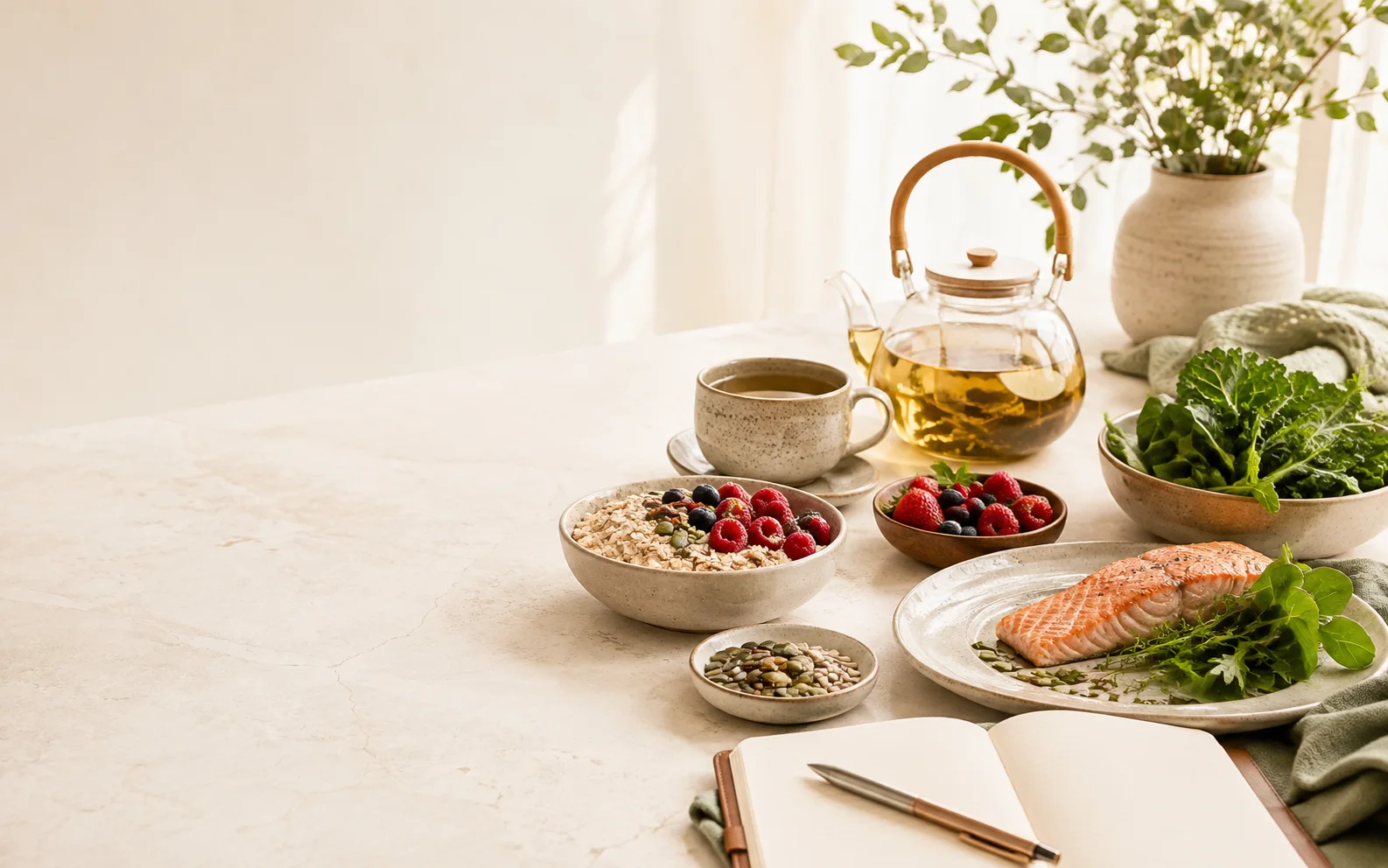 Alimentos frescos e caderno para organizar escolhas alimentares