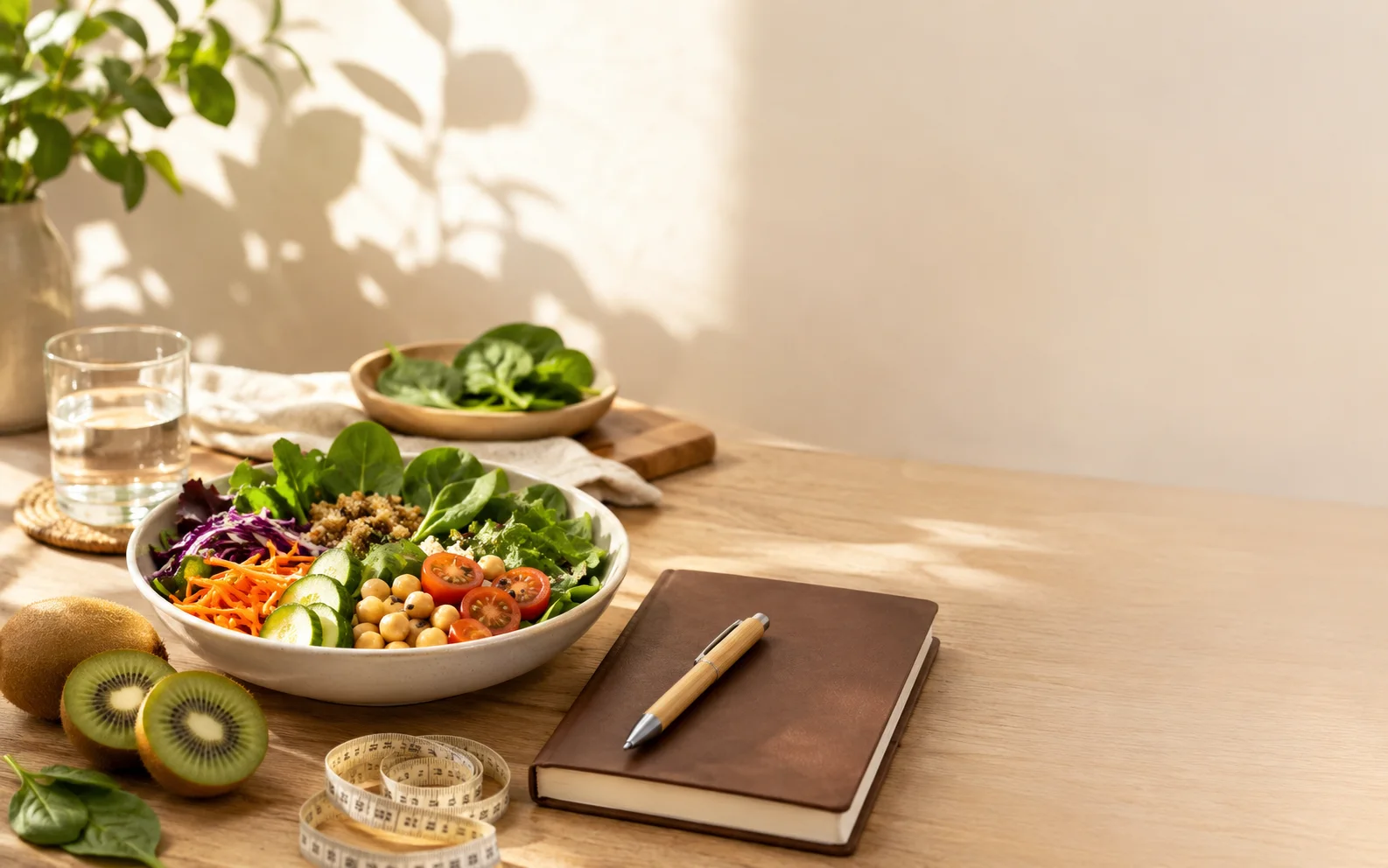 Alimentos frescos e caderno para nutrição funcional
